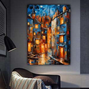 City Streets Abstract Canvas Painting, Blue Art Wall Painting, City Home Decor, Artwork, Modern Wall Art, Ready to Hang Canvas Painting