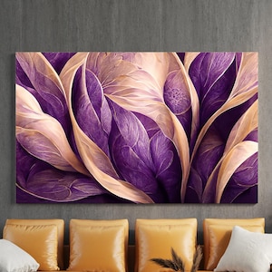 Pintura abstrata em tela floral roxa, pintura de parede de flores, decoração para casa, arte moderna, arte de parede, presente para casa, pintura em tela pronta para pendurar