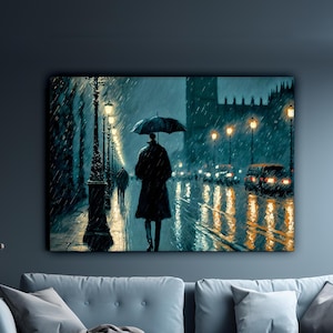 Rainy Street Canvas Painting, England Wall Painting, London Home Decor, Modern Artwork, Night Wall Art, Gift, Ready to Hang Canvas Painting