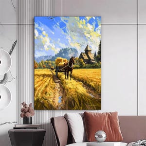 Dipinto su tela con paesaggio di fattoria di grano, dipinto artistico da parete, arredamento per la casa, opera d'arte moderna, arte da parete, regalo per la casa, dipinto su tela pronto da appendere
