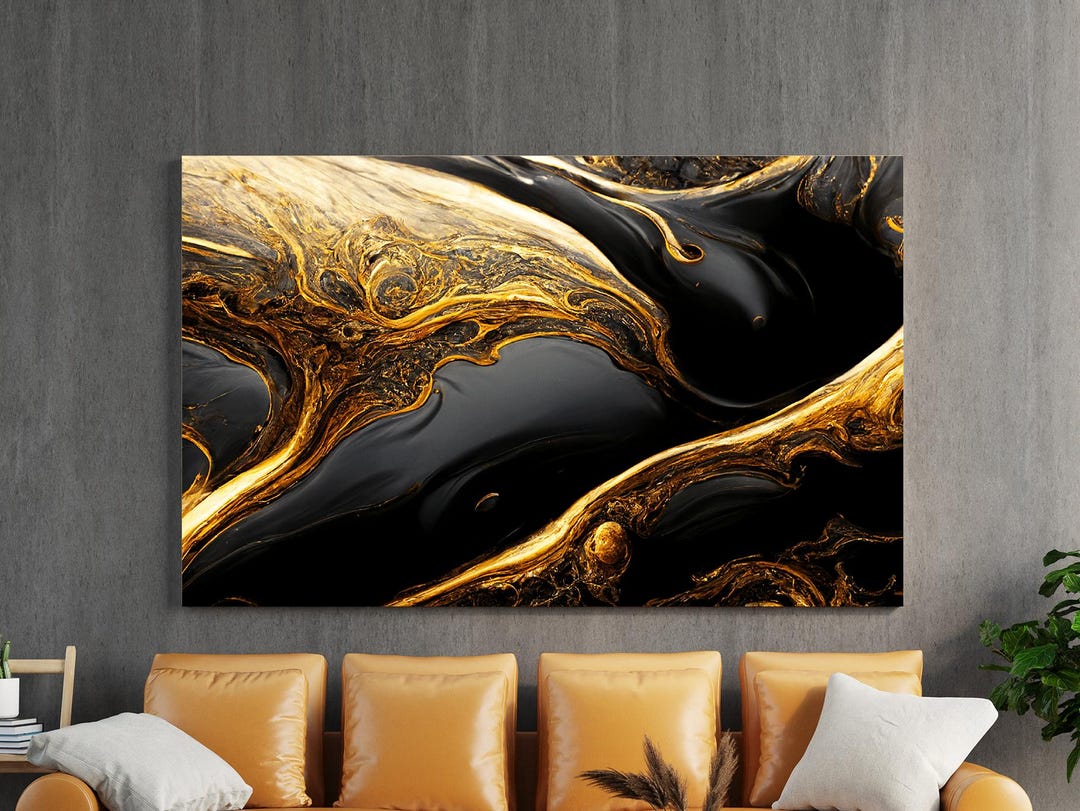 Black and Gold Fluid Canvas Painting, Abstract Wall Painting, Home ...