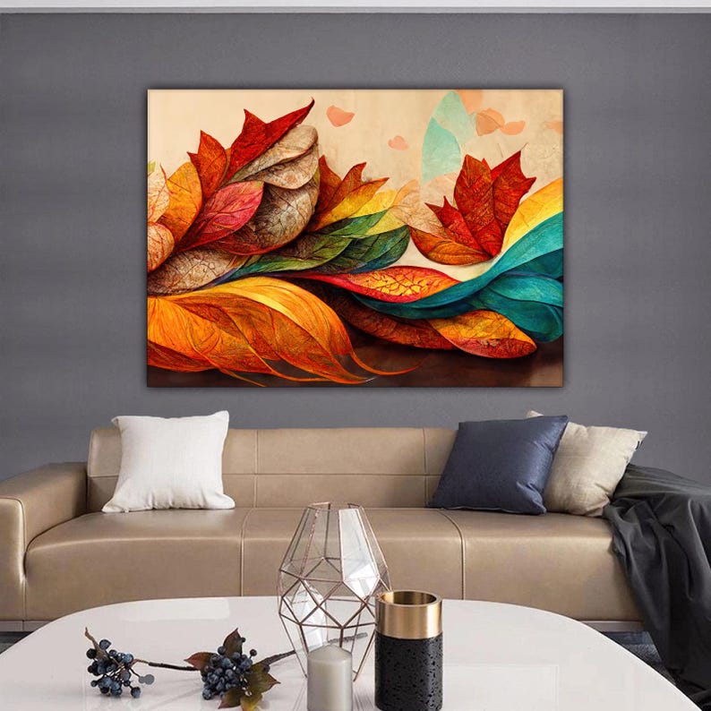 Colorful Leaves Canvas Painting, Colorful Wall Painting, Abstract Home ...