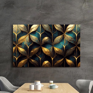 Gold and Blue Patterned Canvas Painting, Abstract Wall Painting, Home Decor, Modern Artwork, Wall Art, Gift, Ready to Hang Canvas Painting