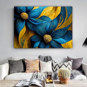 Blue and Gold Flower Painting, Blue Wall Painting, Home Decor, Modern Artwork, Gold Wall Art, Home Decor Gift, Ready to Hang Canvas Painting