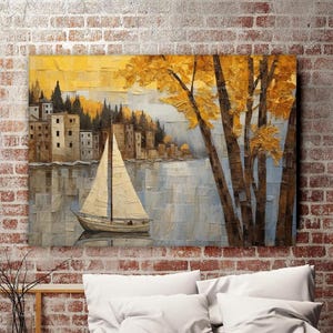 Segelboot und Meer Abstrakte Leinwand Malerei, Abstrakte Wandmalerei, Wohnkultur, Modernes Kunstwerk, Wandkunst, Geschenk, Fertig zum Aufhängen