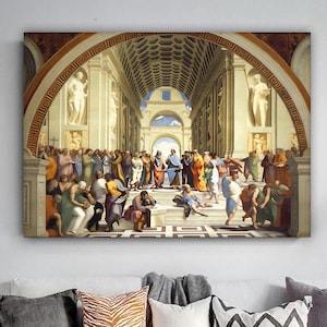 Dipinto su tela della scuola di Atene, dipinto murale di Atene, arredamento per la casa rinascimentale, opera d&#39;arte moderna, arte murale, regalo, dipinto su tela pronto da appendere