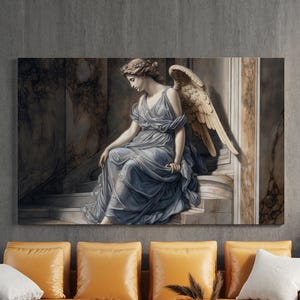 Angel Sitting on Stairs Canvas Painting, Italian Wall Painting, Angel Home Decor, Modern Artwork, Wall Art, Ready to Hang Canvas Painting