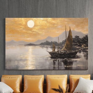 Sailing Boat Canvas Painting, Sailor Wall Painting, Gold Home Decor, Modern Artwork, Sailor Wall Art, Gift, Ready to Hang Canvas Painting