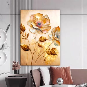 Gouden bloem canvas schilderij, bloemenmuurschildering, gouden huisdecor, moderne kunstwerken, gouden muurkunst, huiscadeau, klaar om op te hangen canvas schilderij