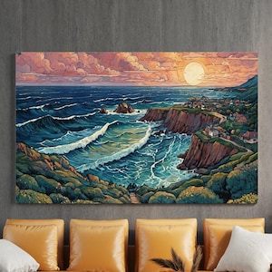 Colorful Mountains and Sea Canvas Painting, Landscape Wall Painting, Forest Home Decor, Modern Wall Art, Ready to Hang Canvas Painting