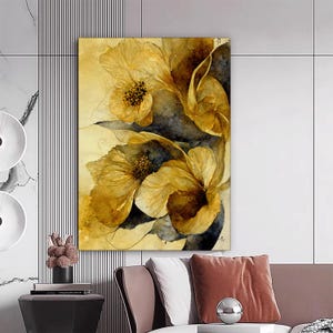 Gouden bloem canvas schilderij, bloemenmuurschildering, gouden huisdecor, moderne kunstwerken, kunst aan de muur, cadeau voor thuis, klaar om op te hangen canvas schilderij