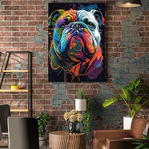 Bunte Bulldogge Leinwanddruck, Bulldogge Wanddruck, Tier Wohnkultur, Kunstwerk, Tier Wandkunst, Haus Geschenk, fertig zum Aufhängen der Leinwand