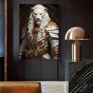 Knight Lion Canvas Painting, White Lion Wall Painting, Lion Home Decor, Modern Artwork, Wall Art, Home Gift, Ready to Hang Canvas Print