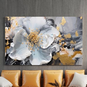 Pintura en lienzo de flores azul grisáceas, pintura de pared de flores, decoración del hogar con flores, obra de arte moderna, arte de pared, regalo para el hogar, pintura en lienzo lista para colgar