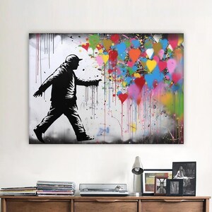 Man and Hearts Banksy Canvas Painting, Wall Painting, Graffiti Home Decor, Modern Artwork, Modern Wall Art, Ready to Hang Canvas Painting