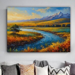 Mountain and River Landscape Canvas Painting, Art Wall Painting, Nature Home Decor, Modern Artwork, Wall Art, Ready to Hang Canvas Painting