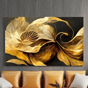 Canvas schilderij goud bloemenpatroon, gouden muurafdruk, decor bloem, moderne kunstwerken, gouden muurkunst, thuiscadeau, klaar om op te hangen canvasafdruk