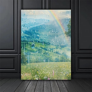 Rain and Rainbow Landscape Canvas Painting, Landscape Art Wall Painting, Nature Home Decor, Modern Artwork, Ready to Hang Canvas Painting