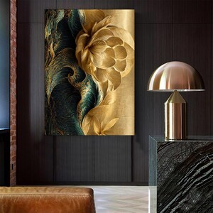 Gold Patterned Canvas Painting, Flower Wall Painting, Gold Flower Home Decor, Artwork, Wall Art, Home Gift, Ready to Hang Canvas Painting