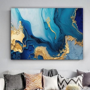 Blue and Gold Abstract Wall Canvas Print, Abstract Wall Painting, Home Decor, Modern Artwork, Wall Art, Home Gift,Ready to Hang Canvas Print