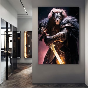 Warrior Lion Canvas Painting, Lion Wall Painting, Animal Home Decor, Modern Artwork, Wall Art, Home Gift, Ready to Hang Canvas Painting