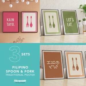May include: A set of Filipino spoon and fork traditional posters. The posters feature text in English and Filipino, along with illustrations of a fork and spoon. The color palette includes pink, green, and brown.