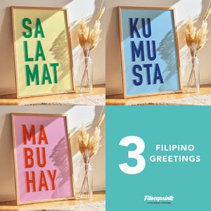 Set of 3 Filipino Greetings Modern Poster. Mabuhay. Kumusta. Salamat. Colorful Philippine Wall Art Print. Digital Download