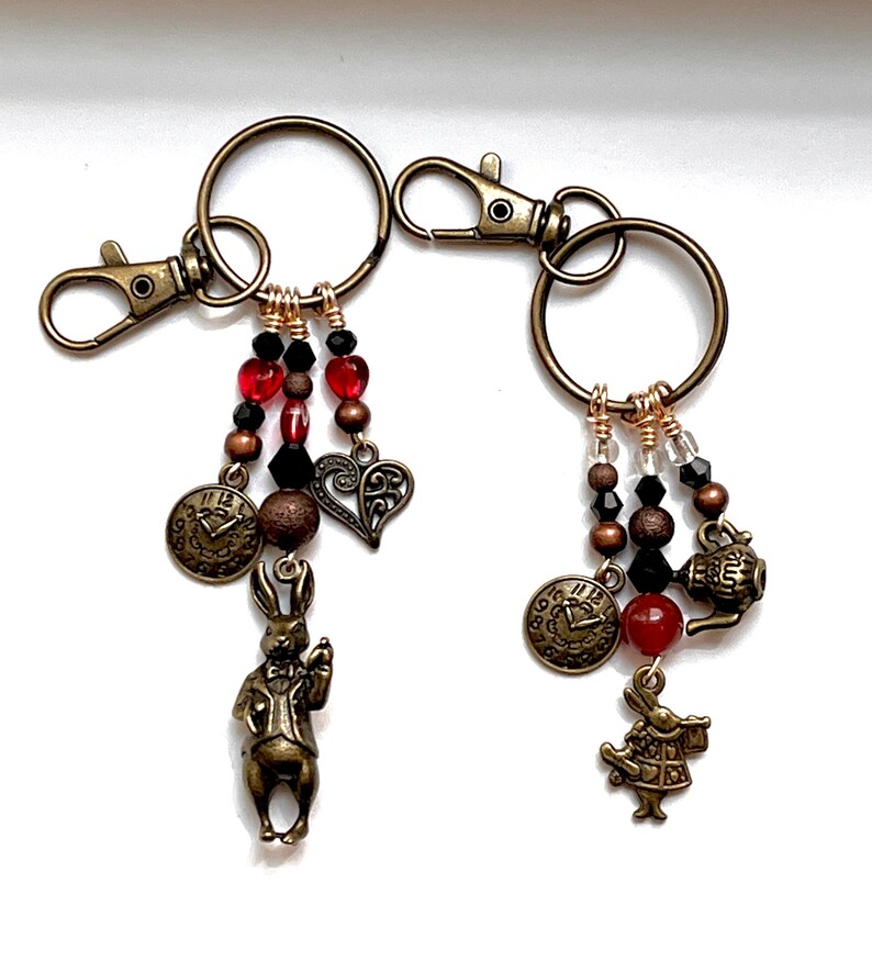 Swamp Rabbits Keychains Steampunk White Rabbit Keychain: Beaded Teapot, Pocket Watch Charms - Etsy