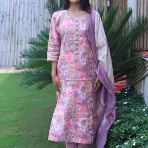 Pink Floral Silk Kurti Set: Embroidered Indian Suit with Dupatta