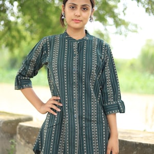 Handmade Indigo Cotton Tunic | Block Print Long Shirt for Women | Boho Ethnic Kurti Top | Casual Indian Blouse | Sustainable Fashion&quot;