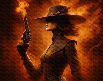 Ember Art Print: Steampunk Cowgirl with Revolver (Digital Art)