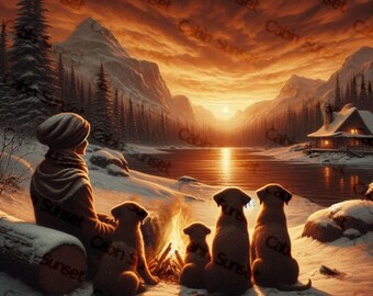 Cabin Sunset Art Print | Winter Landscape (Digital Art)