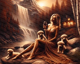 Waterfall Digital Art Print: Woman, Puppies, Wine (Digital Download)