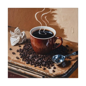Canvas Wall Art, coffee house decor, kitchen wall decor, coffee lover gift, home decor, steaming cup of coffee