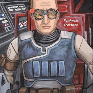 May include: A painting of a man wearing a blue and white uniform with a brown belt and a pair of goggles. The man has a serious expression on his face. The painting is signed "Jill Porter 24" in the bottom right corner. The text "Faithwalk Creations" is in the top right corner.