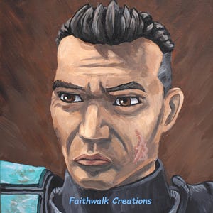 May include: A painting of a man's face with a dark brown background. The man has short, dark hair and a serious expression. He has a scar on his cheek. The painting is signed "Faithwalk Creations" and "Jill Porter '24".