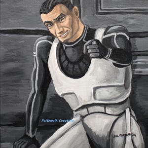 May include: A monochrome painting of a person in a white and black uniform, pointing forward with a confident expression. The artwork is signed "Jill Porter '24" and includes the text "Faithwalk Creations".