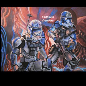 K&ouml;nnte beinhalten: Ein Gem&auml;lde von zwei Star Wars Klonkriegern in blauer und wei&szlig;er R&uuml;stung, die in einer feurigen Landschaft stehen. Das Gem&auml;lde tr&auml;gt den Titel "Faithwalk Creations".