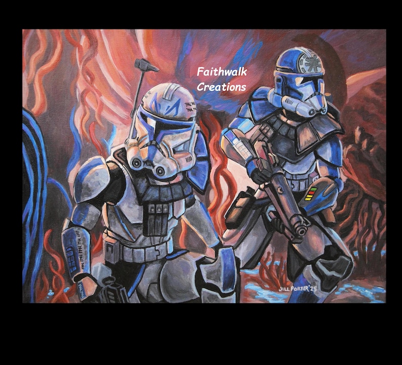 K&ouml;nnte beinhalten: Ein Gem&auml;lde von zwei Star Wars Klonkriegern in blauer und wei&szlig;er R&uuml;stung, die in einer feurigen Landschaft stehen. Das Gem&auml;lde tr&auml;gt den Titel "Faithwalk Creations".