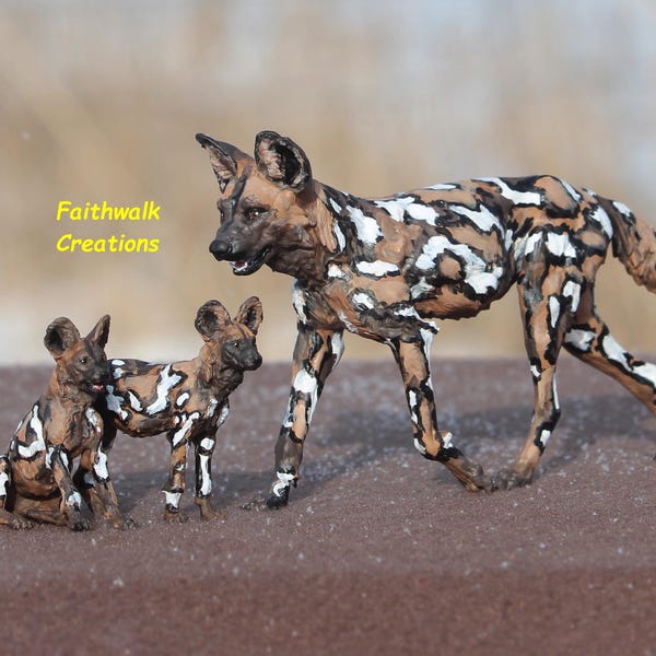 3D Printed Hand Painted African Painted Dog Figurine Set
