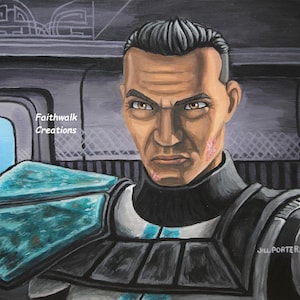 May include: A painting of a man with short, dark hair and a serious expression. He is wearing a black and blue uniform with a teal shoulder pad. The background is dark and blurry.