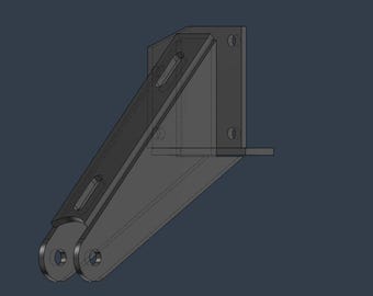 May include: A gray metal bracket with a triangular design, featuring multiple holes for mounting. The bracket has a support arm and a base plate, suitable for structural support or mechanical applications.