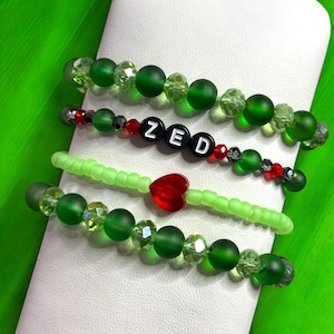 Zed Bracelet Set: Green Crystal Beaded Jewelry, Heart Charm