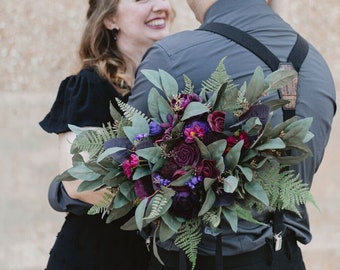 Dark moody sola wood and silk bridal bouquet, in stock, ready to ship, magenta and purple with eucalyptus, moss, ferns, whimsical woodland