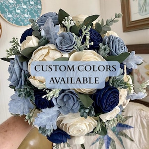 Sola wood flower bridal bouquet, shades of navy blue, dusty blue, and natural or choose custom colors with artificial greenery