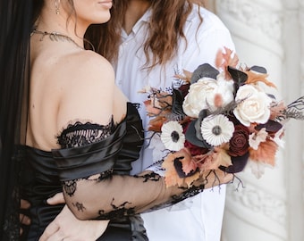 Dark and moody spooky fall wedding sola wood and silk bridal bouquet, in stock and ready to ship, October Halloween wedding