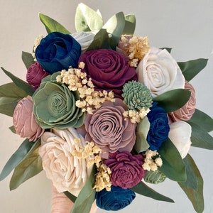 Navy, mulberry, ivory, sage, and blush sola wood with preserved baby&#39;s breath bridal bouquet, elopement, quinceañera, or prom