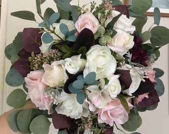 Silk bridal bouquet, ivory and blush pink flowers with eucalyptus and burgundy accents, made to order, customizable