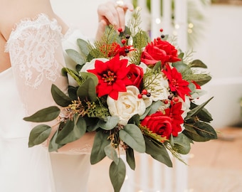 Christmas winter holiday bridal bouquet with poinsettias, made with sola wood and silk flowers and faux greenery, ready to ship