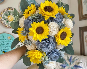 Dusty blue and sunflowers sola wood cascade bridal bouquet, made to order